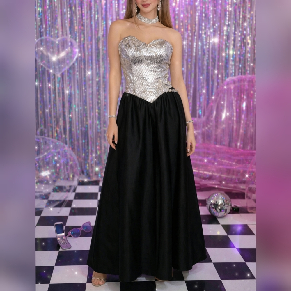 Alyce Designs Vintage 80s Black & Silver Sequin Pageant Party Prom Dress size 8